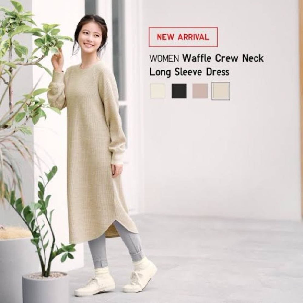 Uniqlo Off White Waffle Crew Neck Long Sleeve Dress